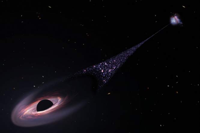 Ergens door de intergalactische ruimte raast een supermassief zwart gat